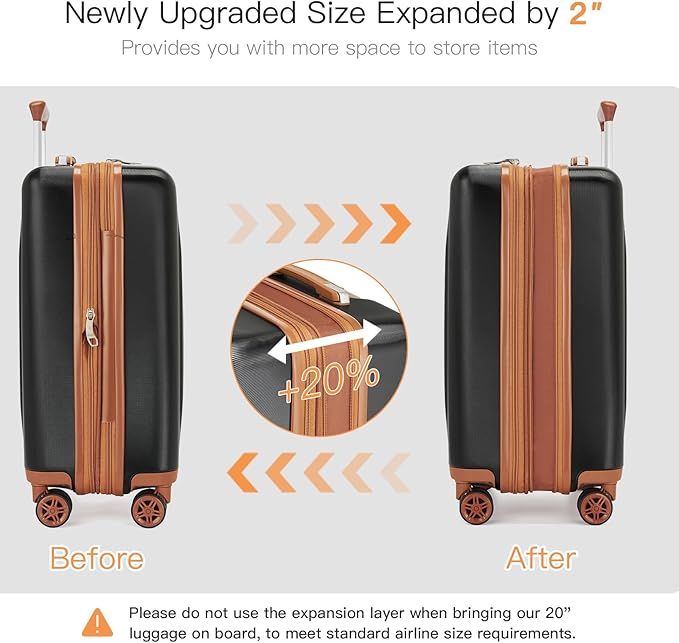 Kono Small 20 Inch Expandable Carry On Luggage with Quiet Spinner Wheels & TSA Lock, Scratch and Drop Resistant PC+ABS Hardside 22x14x9 Airline Approved Suitcase, Black & Brown