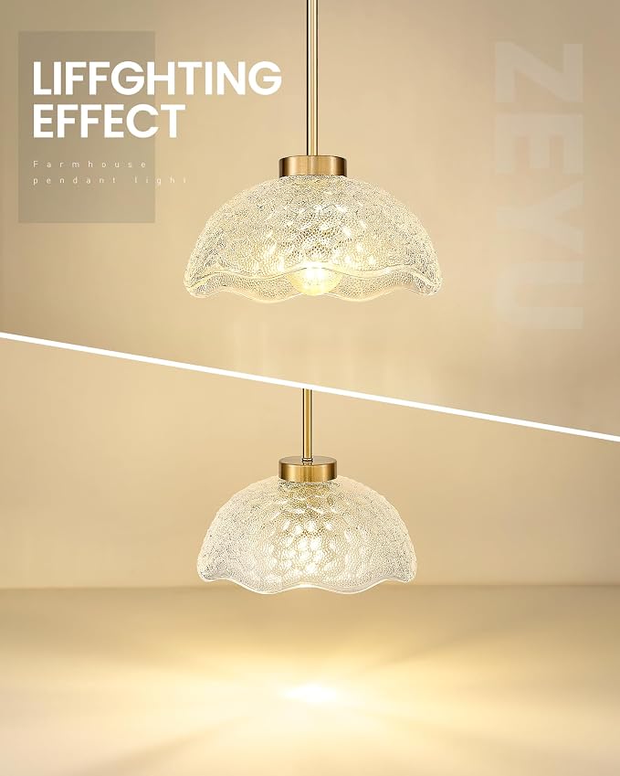 zeyu 10.4 Inch Vintage Single Pendant Light Fixture, Gold Vintage Hanging Lamp, Brushed Gold Pendant Light Kitchen Island with Clear Hammered Glass, ZJX116M1L BG