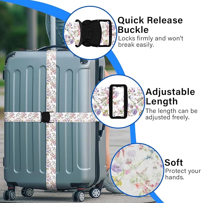 Luggage Straps for Suitcases, Travel Adjustable Belt with Quick Release Buckle, Heavy Duty Nylon Bag Packing Strap, Unique Bright Identifiers Business Travel Accessories (2 Pack) - Purple Flowers