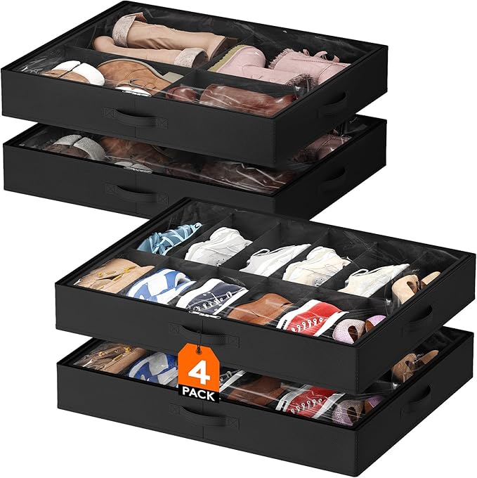 Lifewit Under Bed Shoe Storage Organizer 4 Pack(2x12 Pairs+2x4 Pairs), 4.3" Tall Fabric Shoes Container Box, Foldable Closet Shoe Bag with 2 Reinforced Handles and Clear Cover, Black