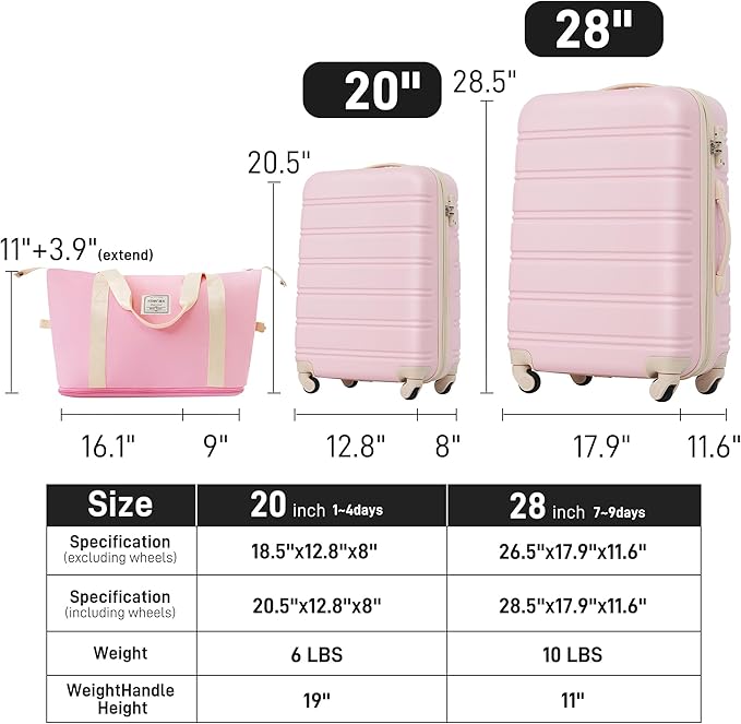 Merax Luggage Sets 2 Piece Expandable Hardside Luggage with Travel Bag Suitcase Set with Spinner Wheels(20+28+bag,Light Pink-1)