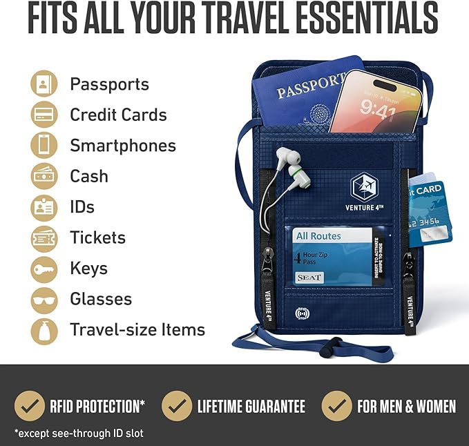 VENTURE 4TH Neck Wallet for Women & Men – RFID Blocking Passport Holder for Travel, Hidden Neck Pouch with 6 Compartments, Slim Lightweight Travel Organizer with Adjustable Strap (Navy Blue)