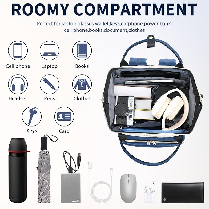 VANKEAN 17 Inch Laptop Backpack for Women Men Fashion Computer Work Bag, Large Capacity Waterproof Backpack with USB Port & RFID Pockets, College Daypack Business Travel, Beige-Haze blue