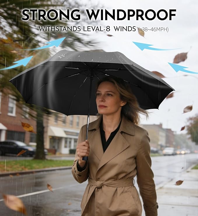 Windproof Travel Umbrella for Rain - 43" Compact Folding Umbrella, Reinforced Strong Frame, Lightweight Portable Parasol with UPF 100+ UV Sun Protection, Cruise Ship Essentials