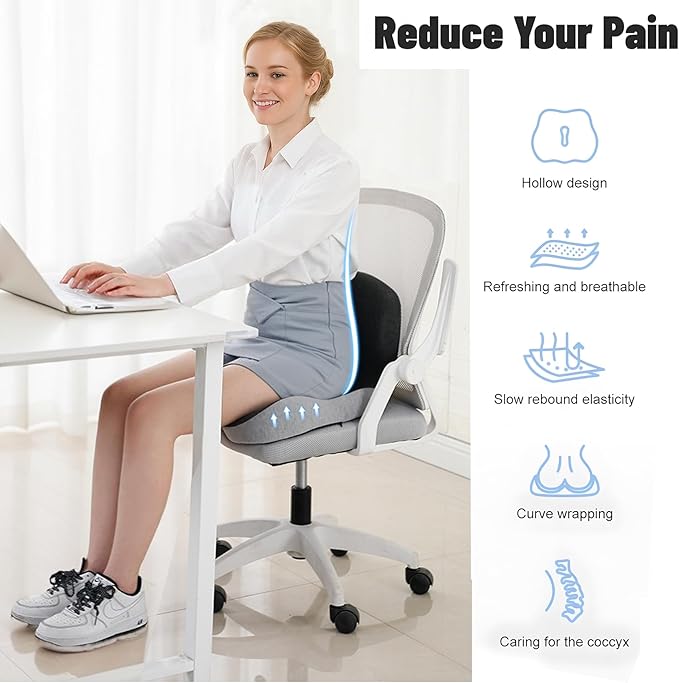 Ergonomic Seat Cushion for Back Pain & Sciatica Relief – Memory Foam Chair Pad for Office Chairs Wheelchair Car & Truck Drivers – Non-Slip Design for Long Sitting Comfort (Black)
