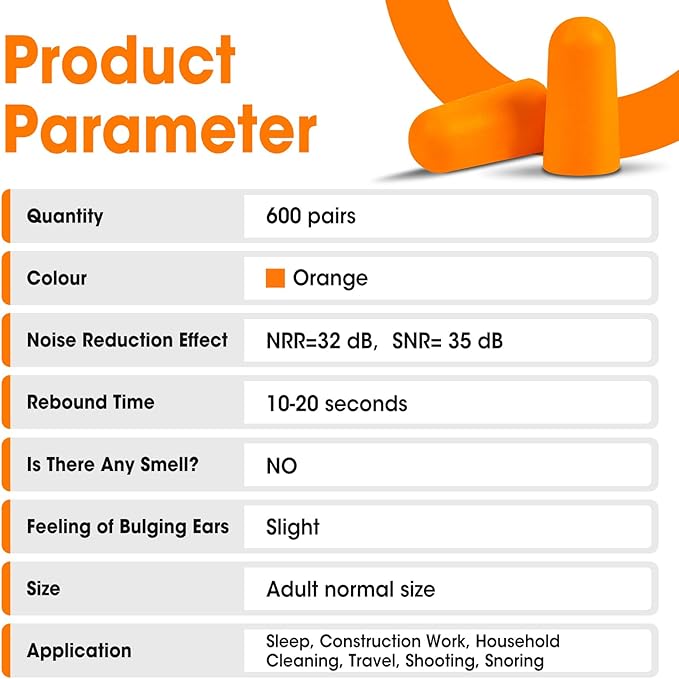 AZEN 600 Pairs Ear Plugs, NRR 32dB Soft Foam Ear Plugs for Sleeping Noise Cancelling, Earplugs for Concerts Shooting Swimming Noise Reduction,Individually Wrapped (Orange)