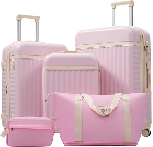 Merax Luggage Sets 5 Piece,Hardshell Expandable Suitcase with Spinner Wheels and Travel Bags,Lightweight Carry on Luggage,20/24/28IN,Pink