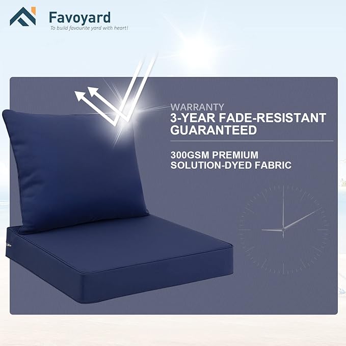 Favoyard Outdoor Seat Cushion Set 22 x 22 Inch Waterproof & Fade Resistant Patio Furniture Cushions with Removable Cover Deep Seat & Back Cushion with Tie Straps for Chair Sofa Couch
