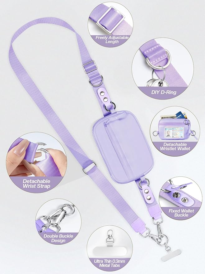 Tiostep Clip and Go Strap for Phone with Wallet Crossbody Phone Lanyard Adjustable and Detachable RFID Wristlet Wallet with ID Window and Zipper, Purple Large.