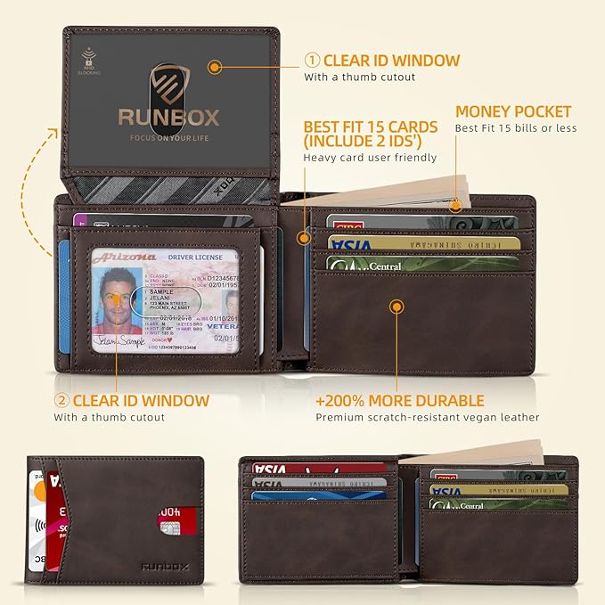 RUNBOX Wallet for Men Slim Rfid Leather 2 ID Window With Gift Box | Slim, Rfid, 2 ID Window, With Gift Box, Slim, Rfid