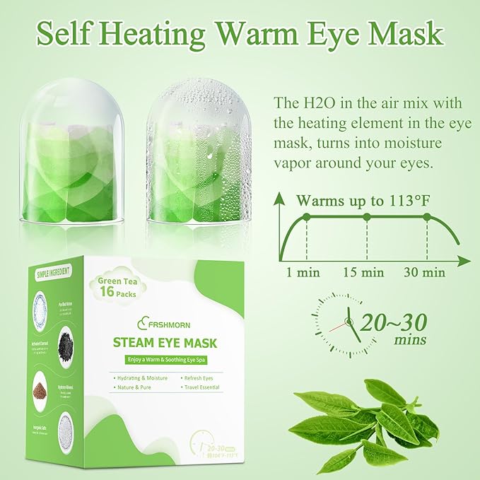 16Packs Steam Eye Mask, Heated Eye Mask for Sleeping, Warm Compress for Eyes, Self Heating Disposal Steam Mask for Home Sleep, Office, Spa, Travel Essentials Valentine's Day Gift (Green Tea)