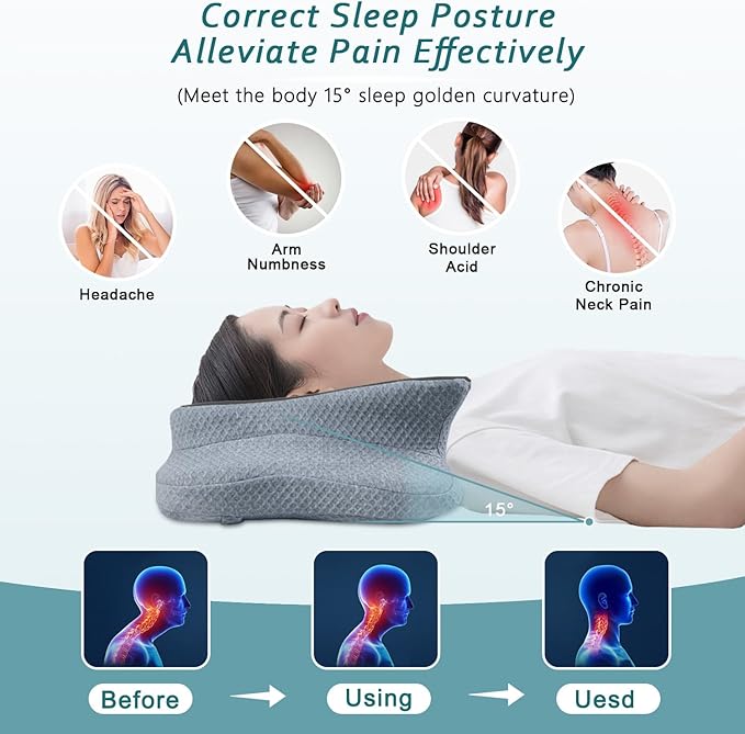 Cervical Neck Pillow for Pain Relief Sleeping, Memory Foam Pillows, Ergonomic Side Sleeper Pillows Orthopedic Neck Support Pillow for Back Stomach Sleepers-King Size Black&Grey