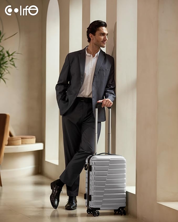 Coolife Carry On Luggage Airline Approved with Wheels Hard Shell Suitcase Spinner TSA Lock Telescopic Handle 20-inch,Silver