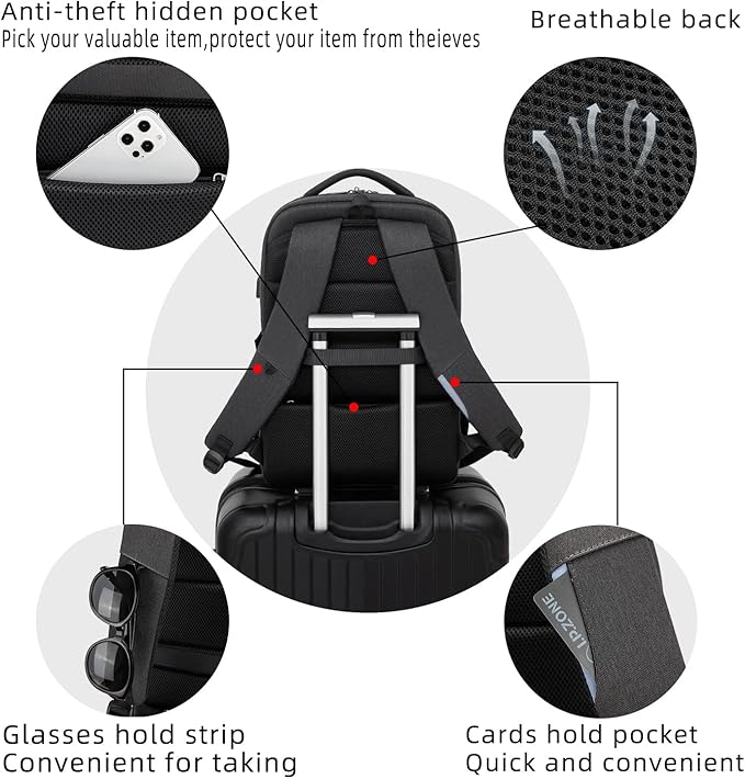 DUSLANG 17 Inch Laptop Backpack for Travel Water Resistant College Backpack for Men Women Laptop Bag with USB Charging Port with Black Lock,Black