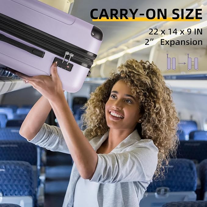 LARVENDER Luggage Sets 3 Piece, Expandable Carry on Luggage 22x14x9 Airline Approved Hardshell Suitcase with Spinner Wheels TSA Lock, Lightweight Rolling Suitcase for Men and Women, Purple Lavender