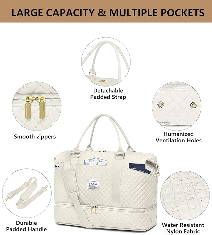 Women Weekender Travel Duffle Bag: Travel Duffel Overnight Bags with Shoe Compartment Large Carry on Tote Bag Toiletry Bag Weekend Yoga Gym Hospital Bags for Labor and Delivery with Wet Pocket Beige