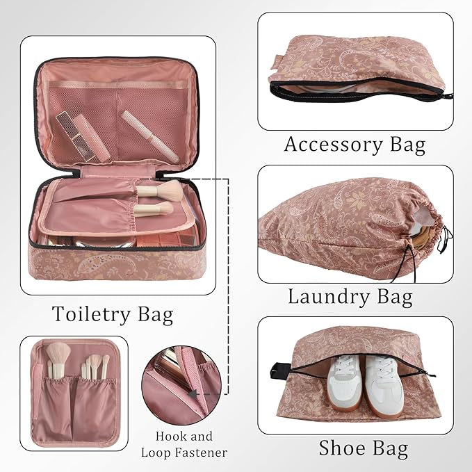 U+U 10 Set Compression Packing Cubes - Ultralight Travel Organizers with Laundry Bag, Space-Saving Suitcase Organizer, Expandable Packing Cubes for Travel and Family Vacation (Paisley Pattern)