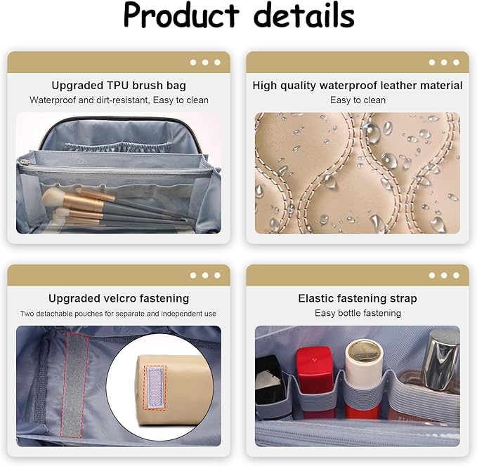 BOYATU Travel Makeup Bags for Women Cosmetic Bag: Puffy Make up Bags Set of 3 - Vegan Leather Makeup Organizer - Waterproof Large Toiletry Bag with Compartments - Travel Essentials (H-2-Khaki)