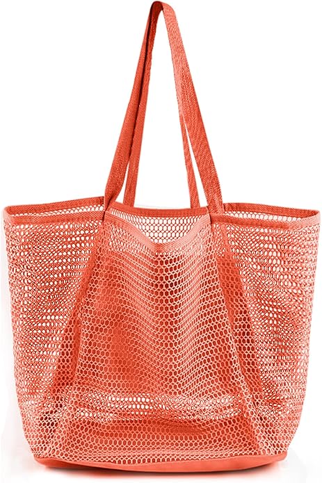 Beach Bags for Women, Summer Travel Mesh Tote Bag with Large Inner Pocket, Sandproof Woven Shoulder Handbag
