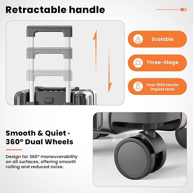 Carry on Luggage, 20 Inch Aluminum Frame PC Hardshell Suitcase with Cup Holder & Charger Port, Airline Approved Weekend Business Travel Case with Spinner Wheels, Tsa Lock
