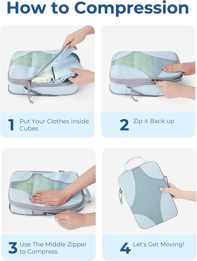 BAGSMART Compression Packing Cubes for Travel, Compressible Luggage Organizer for Cruise Ship, Lightweight Travel Essentials 6-Pack 1L+2M+2S+1Shoe Bag