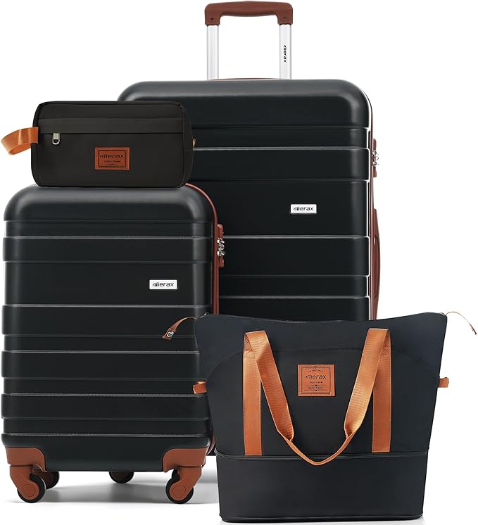 4-Piece Luggage Set, Suitcase with TSA Lock Travel Duffel Bag Wet-Dry Toiletry Bag, Black