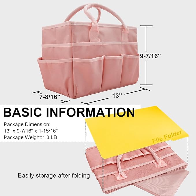 Cupohus Art Organizer Craft Storage Tote Bag with Pockets and Handles, Oxford Fabric Carrying Caddy for Teacher, Officer, Artist, Traveler, and more –Pink