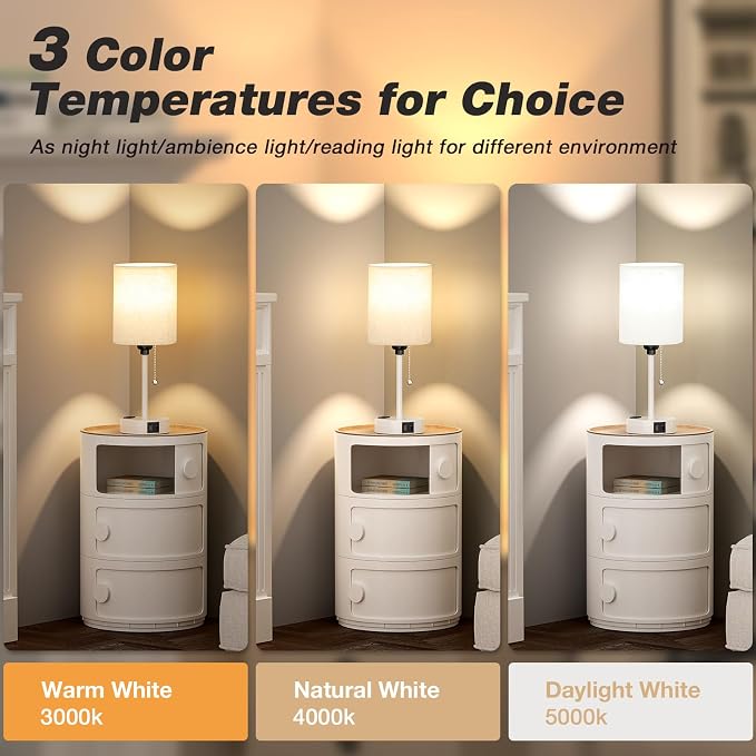 Small Bedside Table Lamp for Bedroom, Desk Lamp with USB Ports for Dorm | USB A+C Ports, AC Outlet, 3 Color Temperatures, LED Bulb Included, Linen-Fabric Shade, Matte White Base, 14" Night Stand Lamp