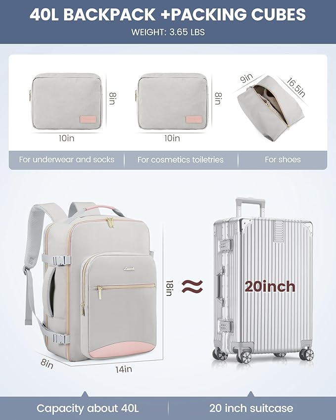 LOVEVOOK 40L Travel Backpack for Women Men,Waterproof Airline Approved Carry On Luggage Travel Essentials,TSA Carry On Backpack Personal Item Travel Bag Suitcase Weekender Traveling with Packing Cubes