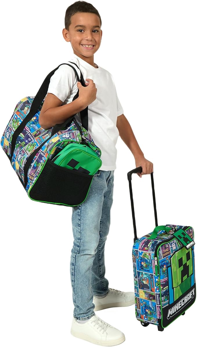 Bioworld Minecraft Creeper Youth 4-Piece Travel Set-14 Carry-on Duffle Bag and Luggage Tag Set