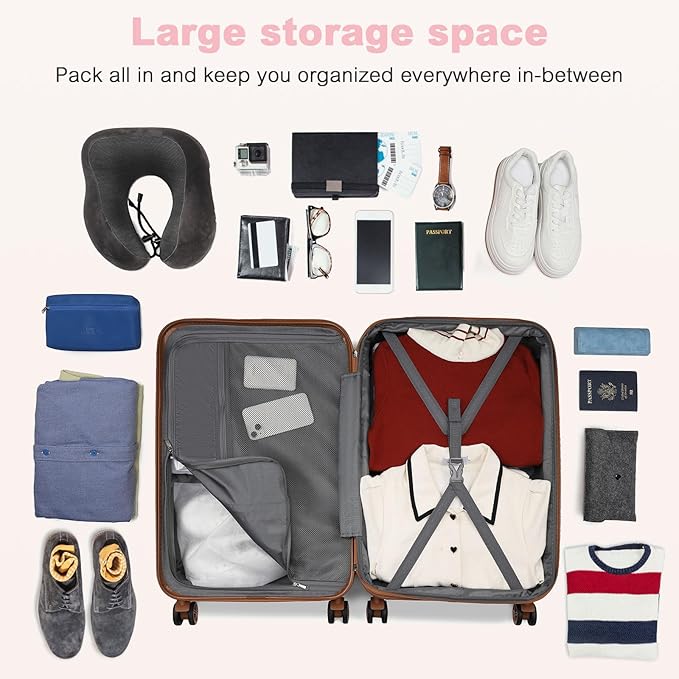 Kono Luggage Set 3 Pieces Expandable PC ABS Durable Suitcase Hardside with Double Spinner Wheels Tsa Lock Pink(20in/24in/28in)