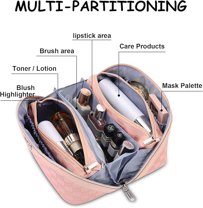 BOYATU Travel Makeup Bags for Women: Sweet Pink Checkered Large Capacity Cosmetic Bag - You Deserve a Little Sweetness Every Day - 3 Pcs Toiletry Organizer Holds 10-20 Full-Size 50-100ML Bottles