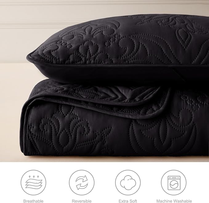 Whale Flotilla King Quilt Bedding Set Vintage Damask Reversible Bedspread | Suitable for Bed, 3 Pieces Black Lightweight Breathable Quilt King Size, Ultrasonic Coverlet Bed Cover with 2 Pillow Shams