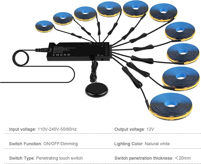 Black Cabinet Light COB LED Strip Lights | 10 pack penetrable touch dimmable ideal for display cabinet and wine rack decorative lighting (Natural White, 3.3ft / 1M)
