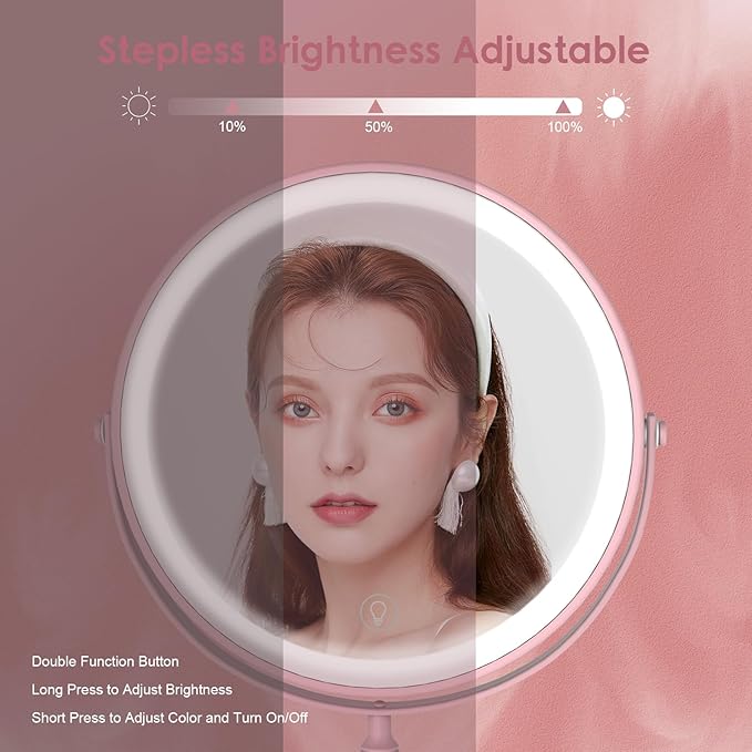 DEIOVWXS Makeup Mirror, 3000mAh Rechargeable Double-Sided Magnifying Vanity Mirror with 3 Colors, 1X/10X, 360° Rotation, Adjustable Brightness, Gifts for Mom, Women,Wife, Girls, Dorm Room Essential