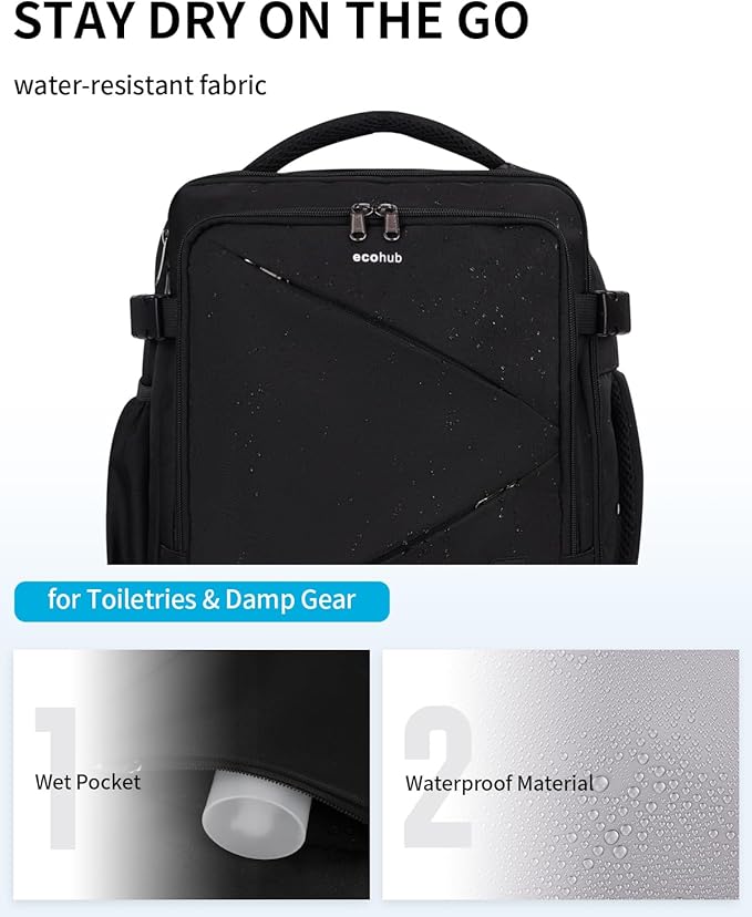 ECOHUB 17" Small Unisex Travel Backpack United Airline Approved 17x10x9 Friendly Suitcase Anti-Theft Lockable Zippers Style Personal Item Bag Travel Essentials with 12 Pockets Water Resistant, Black