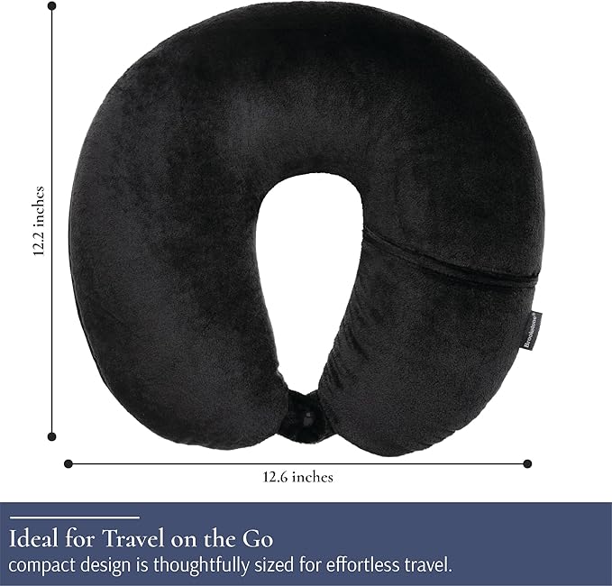 Brookstone Microbead Travel Head and Neck Pillow Lightweight and Plush with Phone or Headphone Pocket, Black