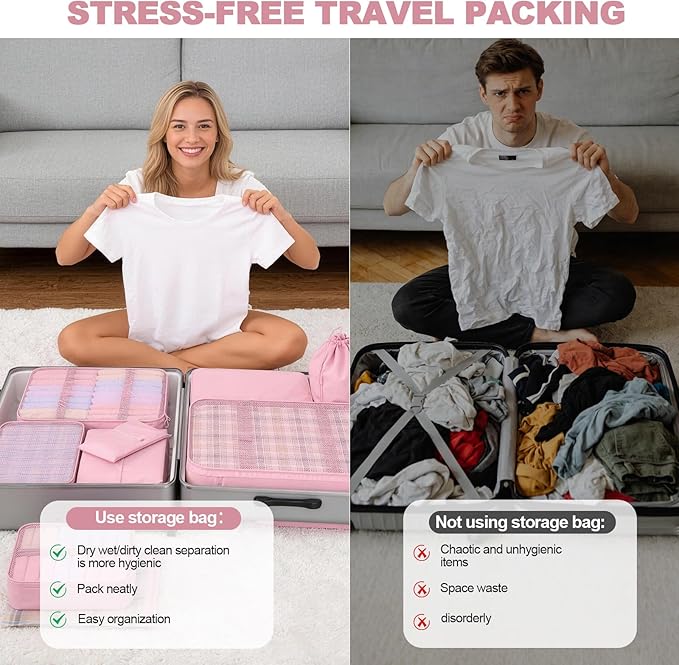8 Set Packing Cubes for Travel,Suitcase Organizer Bags for Luggage with Shoe & Hanging Toiletry Bag, Vacation Essentials & Accessories for Cruise Ship, Airplane Must-Have,Road Trip & Camp Gifts(Pink)