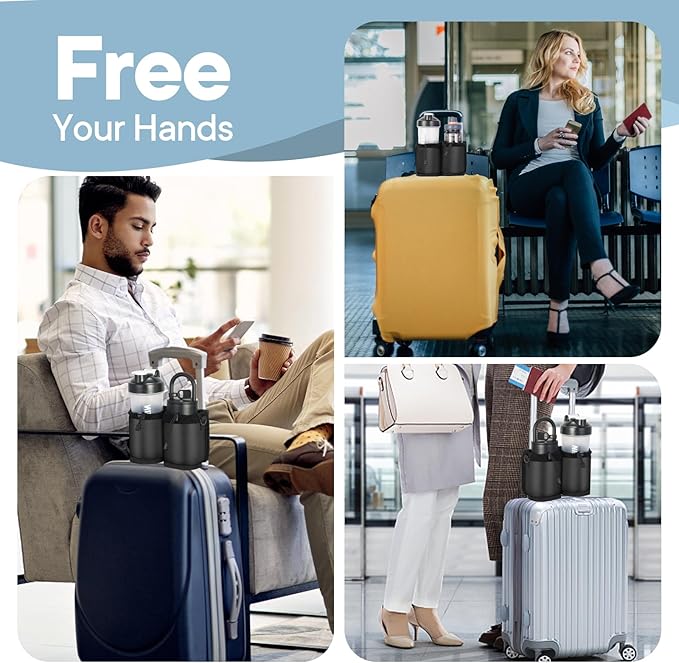 Extra Luggage Cup Holder Free Hand Drink Caddy for Suitcases to Travel and Business Trip,Travel Must Haves Men Women,Holds Two Coffee Cups,Passport,Flight Attendant Essential Organizer-Black