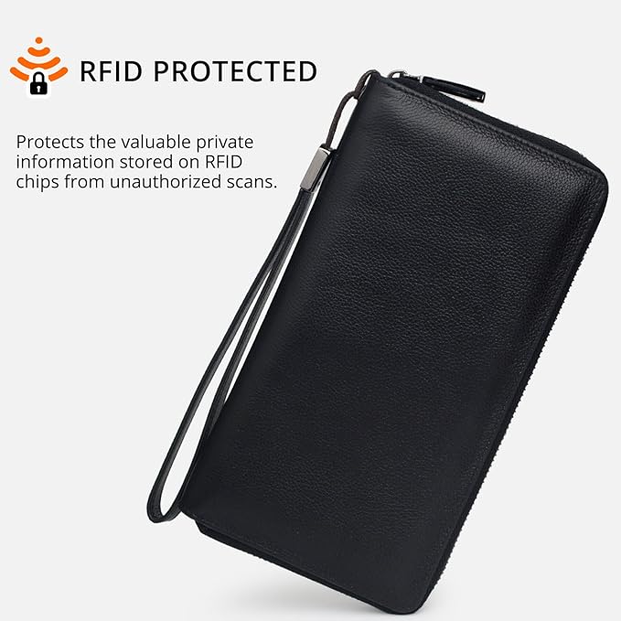 Bveyzi Women RFID Blocking Wallet Leather Zip Around Phone Clutch Large Capacity Ladies Travel Purse Wristlet | RFID Blocking, Zip Around, Large Capacity
