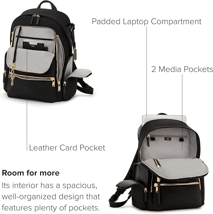 TUMI - Voyageur Celina Backpack - Women's Work and Travel Bag - 16.0" X 10.6" X 6.5" - Holds Up to 16" Laptop - Black & Gold Hardware