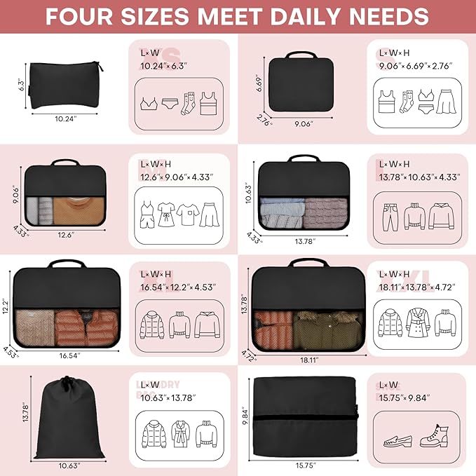 8 PCS Compression Packing Cubes for Travel Women, Compression Organizer for Luggage Space Saving Travel Essentials and Carry on, Luggage Organizer Bags for Suitcase - Black