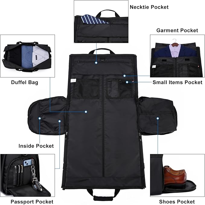 Garment Bags for Travel Large Suit Bag for Men Carry On Garment Bag Convertible Garment Duffle Bag with Shoes Compartment,2 in 1 Hanging Dress Suitcase Suit Travel Bags,Black