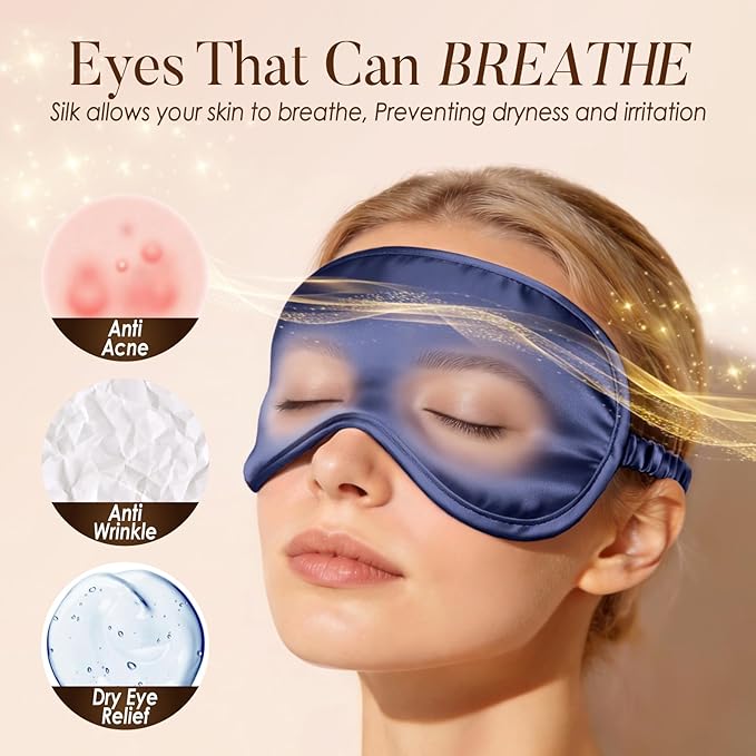 LULUSILK Mulberry Silk Sleep Eye Mask Blindfold with Elastic Strap Headband, Soft Eye Cover Eyeshade for Night Sleeping, Travel, Nap (Navy Blue)