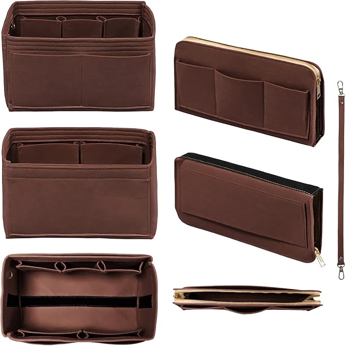 DailyPlus Purse Organizer Insert with Zipper & Key Chain Felt Bag Organizer for Tote Purse Handbag Brown Medium