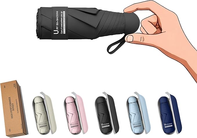BAODINI Travel Essentials Mini Umbrella for Purse With Case Small Compact UV Sun Protection Lightweight Tiny Pocket Manual Open Close Umbrella for Women Kids and Men Fits Purse Backpack