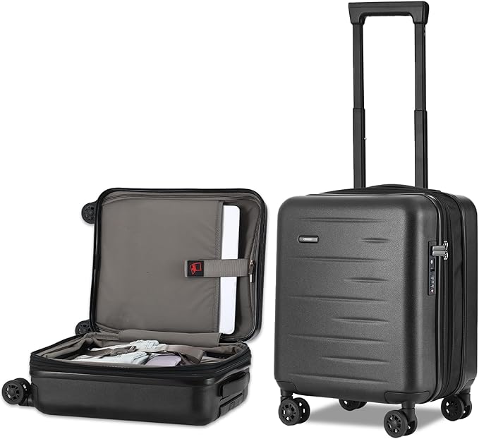 16 Inch Underseat Carry On Luggage Airline Approved, Expandable Lightweight ABS+PC Hard Shell Suitcases with 360° Spinner Wheels, TSA Lock, YKK Zipper, for Business Weekender (Black, 1 PC)