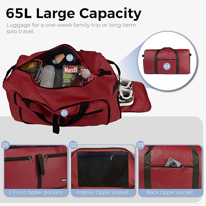 Fmeida 65L Duffle Bag with Shoes Compartment, Foldable Travel Duffel Bags for Men Women, Large Packable Travel Bag Water Repellent & Tear Resistant (Red)