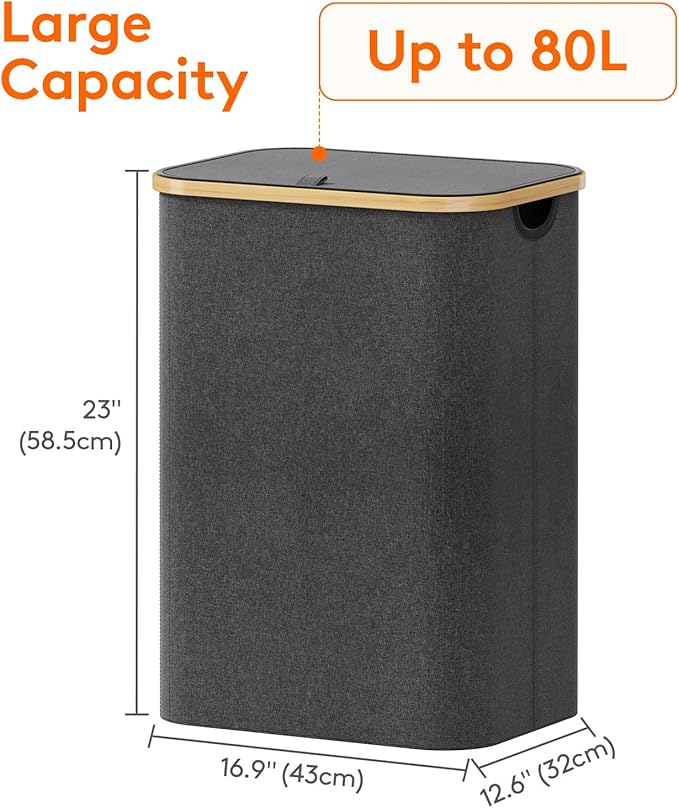 Lifewit 80L Laundry Basket with Lid, Clothes Hampers for Laundry with Bamboo Handles and 1 Removable Bag, Large Foldable Laundry Hamper for Bedroom, Bathroom, Dorm, Laundry Room, Dark Gray