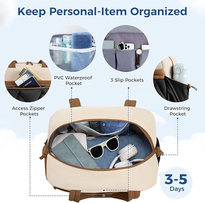 Gym Bag for Women, Puffer Travel Duffle Bag With Shoes Compartment & Wet Pocket, Carry On Tote Bag For Weekender, Overnight, Sport (Beige & Brown, Large)